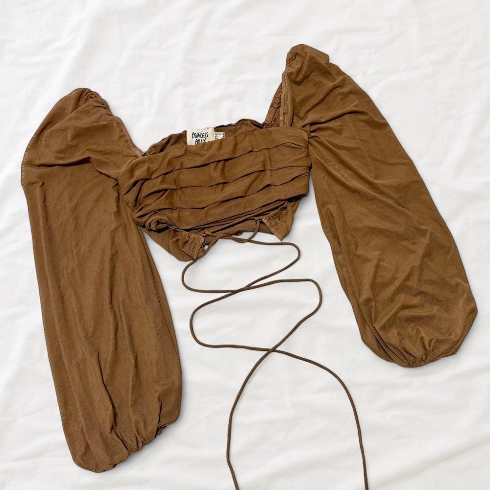 Princess Polly Brown Mesh Ruched Crop Top Sheer Flared Long Sleeve Tie 6